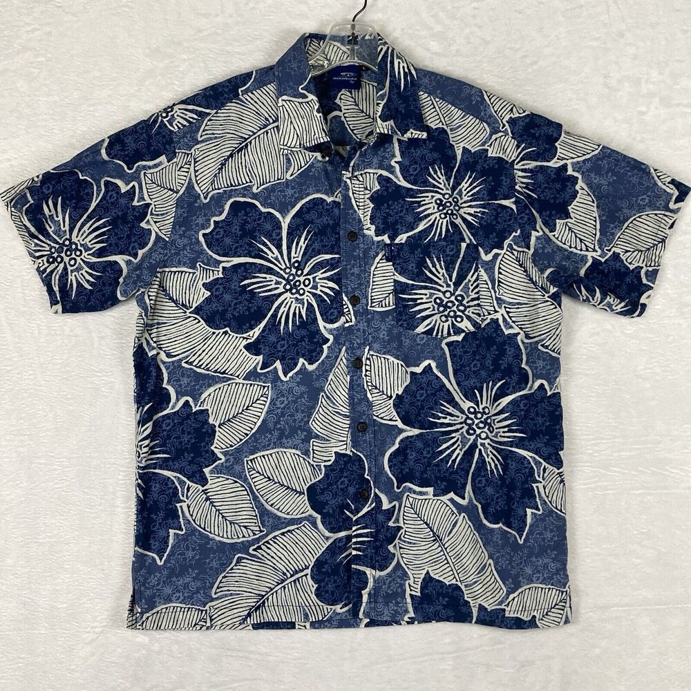 VTG Aisokula Hawaiian Shirt Men L Blue Floral Fiji Camp Tribal Aloha Tiki Luau